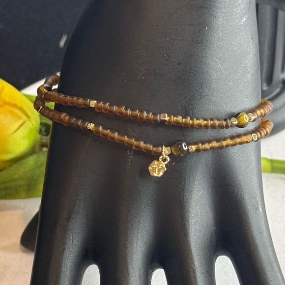 Express Set of 2 Stretch Beaded Bracelet in Brown and Gold Tone - Picture 1 of 5